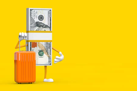 Stack of One Hundred Dollar Bills Person Character Mascot with Orange Travel Suitcase on a yellow background. 3d Renderingの写真素材