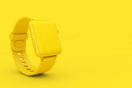 Yellow Modern Smart Watch Mockup with Strap in Duotone Style on a yellow background. 3d Renderingの写真素材