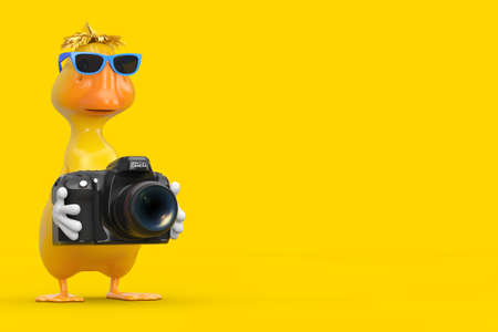 Cute Yellow Cartoon Duck Person Character Mascot with Modern Digital Photo Camera on a yellow background. 3d Renderingの写真素材
