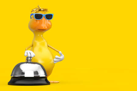 Cute Yellow Cartoon Duck Person Character Mascot with Hotel Service Bell Call on a yellow background. 3d Renderingの写真素材