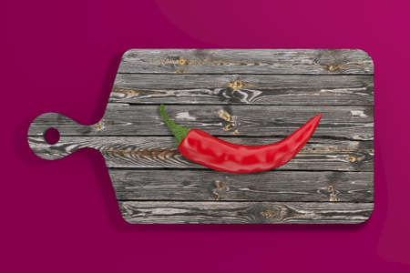 Red Hot Chili Pepper over Wooden Cutting Board on a pink background. 3d Rendering