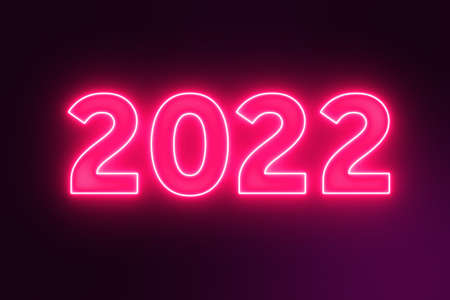 2022 New Year Neon Text Closeup on a purple background. 3d renderingの写真素材