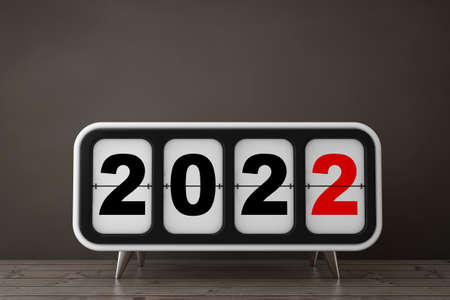 Retro Flip Clock with 2022 New Year Sign on a wooden table. 3d renderingの写真素材