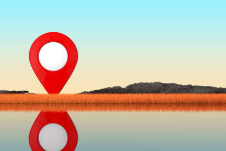 Abstract Red Map Pointer Pin Standing in Autumn Long Grass on a River Bank extreme closeup. 3d renderingの写真素材