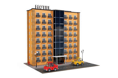 Modern Orange Hotel Building with Street Road and Cartoon Cars on a white background. 3d renderingの写真素材