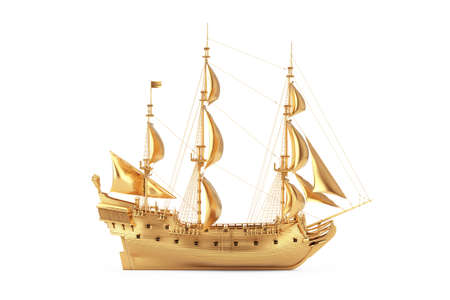 Golden Vintage Tall Sailing Ship, Caravel, Pirate Ship or Warship on a white background. 3d renderingの写真素材