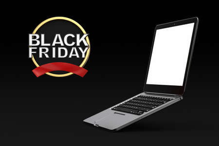 Black Friday Sale Banner near Laptop with Blank Screen as Template for Your Design on a black background. 3d renderingの写真素材