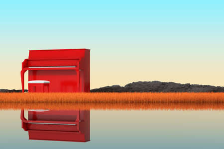 Abstract Red Piano Standing in Autumn Long Grass on a River Bank extreme closeup. 3d renderingの写真素材