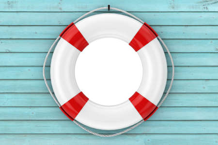 White Life Buoy on a Blue Wooden Plank Wall with Hole with Free Space for Your Design extreme closeup. 3d renderingの写真素材