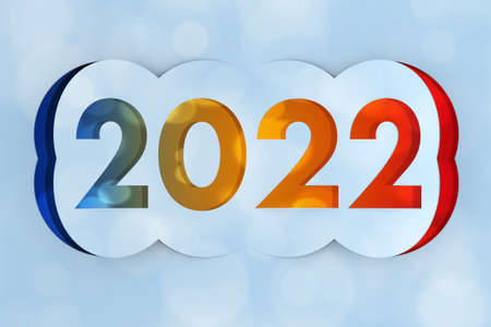 2022 Happy New Year Sign Cut from Paper on a blue background. 3d renderingの写真素材