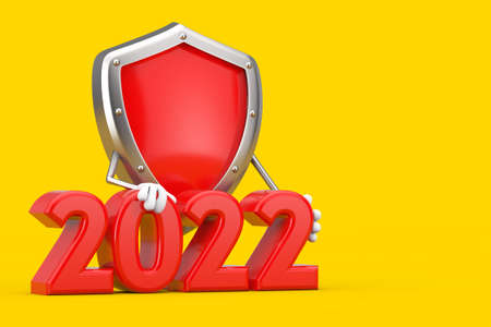Red Metal Protection Shield Character Mascot with 2022 New Year Sign on a yellow background. 3d renderingの写真素材