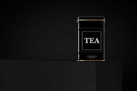 Black Metal Tea Box over Cube on a black background. 3d renderingの写真素材