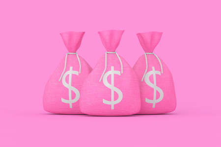 Pink Tied Rustic Canvas Linen Money Sacks or Money Bags with Dollar Sign on a pink background. 3d renderingの写真素材