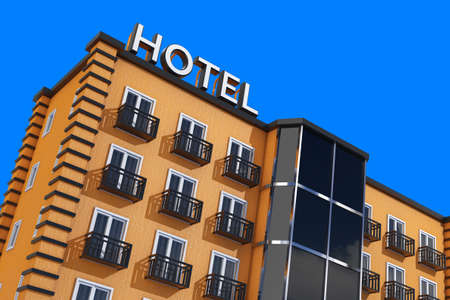 Modern Orange Hotel Building on a blue sky background. 3d renderingの写真素材