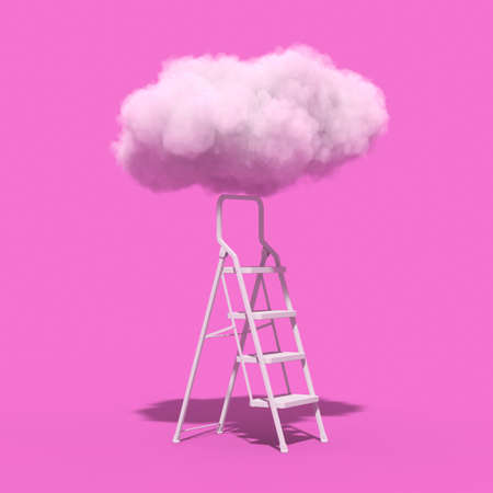 Success Concept. Stepladder Leading to the Fluffy Clouds on a pink background. 3d renderingの写真素材