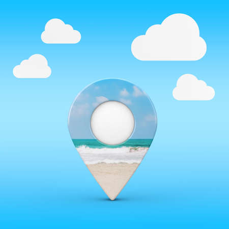 Map Pointer Pin with Ocean or Sea Coast View on a blue sky background. 3d renderingの写真素材