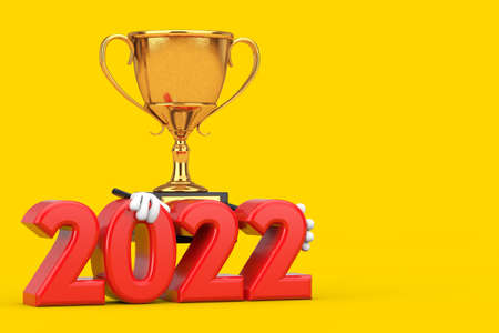 Golden Award Winner Trophy Mascot Person Character with 2022 New Year Sign on a yellow background. 3d renderingの写真素材