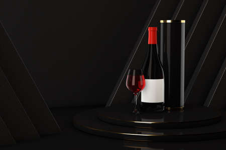 Bottle and Glass of Red Wine with Package over Award Podium on a black background. 3d renderingの写真素材