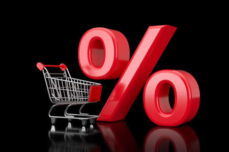 Shopping Cart Trolley with Red Percent Sale or Discount Sign on a black background. 3d renderingの写真素材