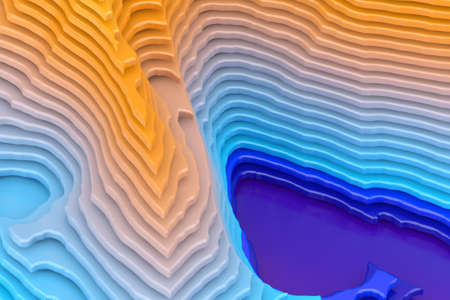 Abstract Landscape Topologic Layers Cut Style Scene with Mount and Sea extreme closeup. 3d renderingの写真素材