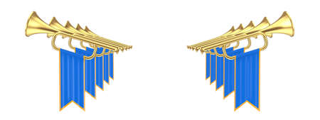 Golden Fanfare Trumpets with Blue Flags on a white background. 3d Rendering