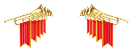 Golden Fanfare Trumpets with Red Flags on a white background. 3d Renderingの写真素材