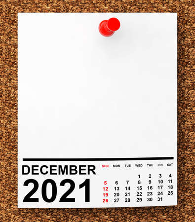 Calendar December 2021 on Blank Note Paper with Free Space for Your Text. 3d Renderingの写真素材