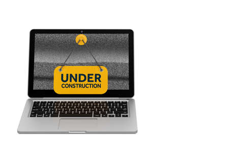 Modern Laptop with Yellow Under Construction Hanging Banner Sign on a white background. 3d Renderingの写真素材