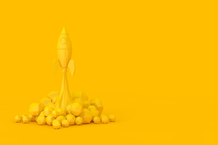 Startup Concept. Yellow Toy Rocket Takes Off Spewing Smoke in Low Poly Style on a yellow background. 3d Renderingの写真素材
