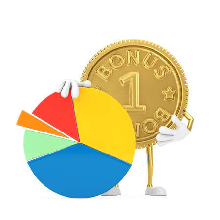 Golden Loyalty Program Bonus Coin Person Character Mascot with Info Graphics Business Pie Chart on a white background. 3d Renderingの写真素材