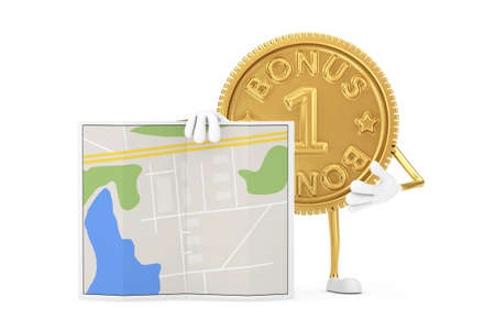 Golden Loyalty Program Bonus Coin Person Character Mascot with Abstract City Plan Map on a white background. 3d Renderingの写真素材