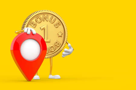 Golden Loyalty Program Bonus Coin Person Character Mascot with Red Map Pointer Target Pin on a yellow background. 3d Renderingの写真素材