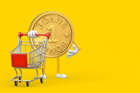 Golden Loyalty Program Bonus Coin Person Character Mascot with Shopping Cart Trolley on a yellow background. 3d Renderingの写真素材