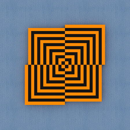 Orange Abstract Labyrinth Art Picture on a blue wall background. 3d Renderingの写真素材