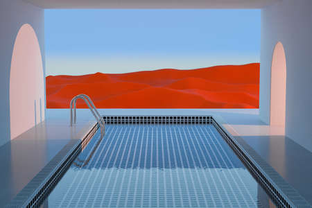Minimalistic Empty White Room with a Water Swimming Pool and an Abstract Surreal Red Desert Environment on a blue sky background. 3d Renderingの写真素材