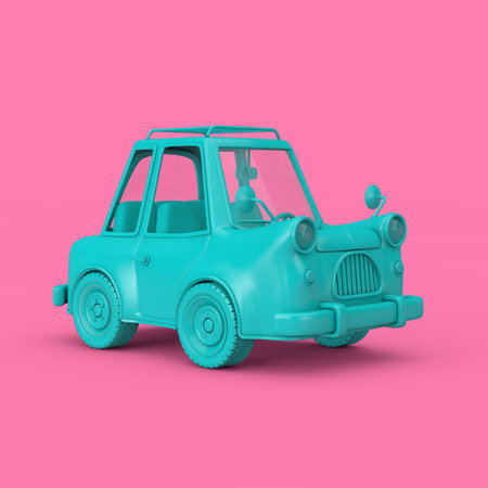 Blue Cartoon Car in Duotone Style on a pink background. 3d Renderingの写真素材