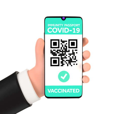 Cartoon Hand Holding Mark Vaccinated Health Immune Passport, Certificate of Vaccination App on...