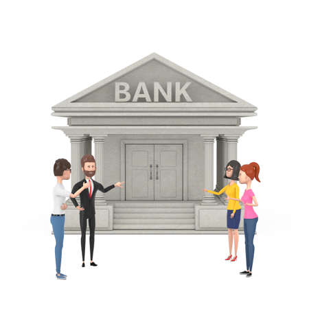 Business Team Cartoon Characters Meeting and Talking in front of Bank Building on a white...