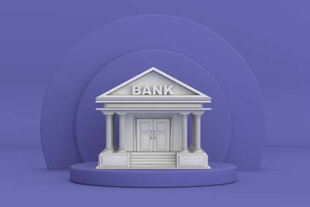 Concrete Bank Building over Violet Very Peri Cylinders Products Stage Pedestal on a Violet Very Peri background. 3d Renderingの写真素材