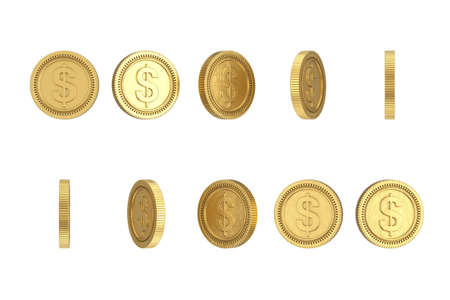 Golden Cartoon Dollar Coin in Different Position on a white background. 3d Renderingの写真素材