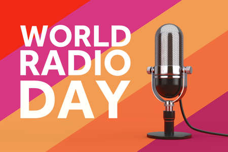 World Radio Day Concept. Vintage Radio Station Microphone with Radio Day Sign on a multicolored background. 3d Renderingの写真素材