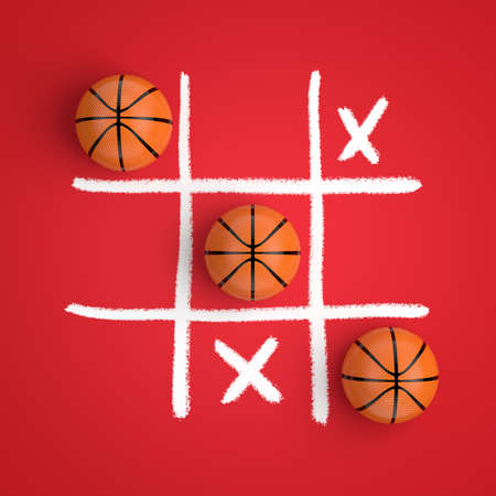 Basketball Balls in Tic Tac Toe Game on a red background. 3d rendering
