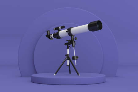 White Modern Mobile Telescope on Tripod over Violet Very Peri Cylinders Products Stage Pedestal on a Violet Very Peri background. 3d Renderingの写真素材