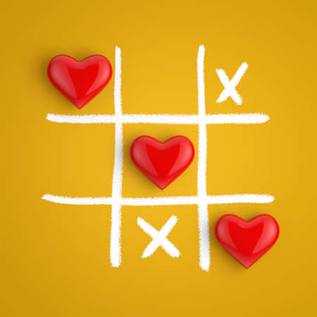 Red Hearts in Tic Tac Toe Game on a yellow background. 3d rendering