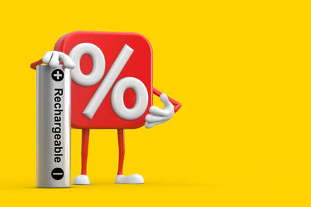 Sale or Discount Percent Sign Person Character Mascot with Rechargeable Battery on a yellow...