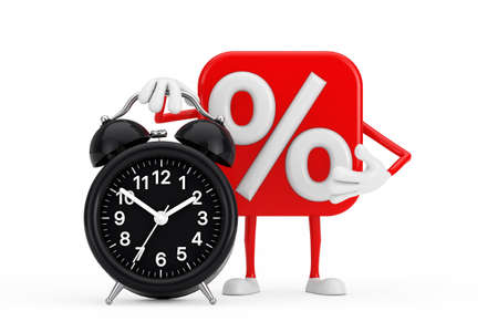 Sale or Discount Percent Sign Person Character Mascot with Alarm Clock on a white background. 3d Renderingの写真素材
