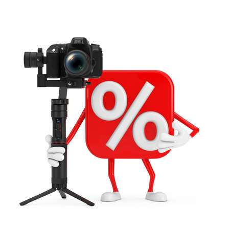 Sale or Discount Percent Sign Person Character Mascot with DSLR or Video Camera Gimbal Stabilization...