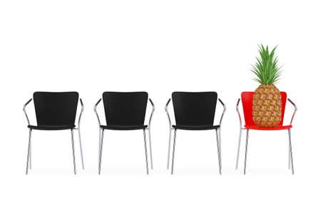 Fresh Ripe Tropical Healthy Nutrition Pineapple Fruit on a Red Chair in Row of Office Chairs on a white background. 3d Renderingの写真素材