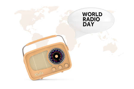 Yellow Vintage Radio with World Map, White Speech Bubble and World Radio Day Sign on a white background. 3d Renderingの写真素材