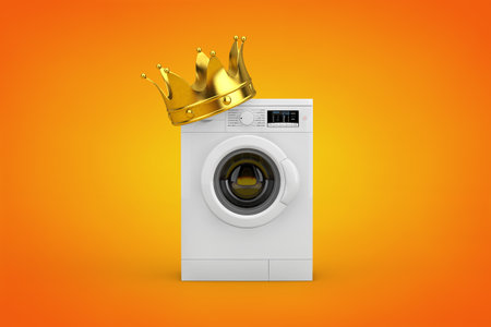 Modern White Washing Machine with Golden Crown on an orange background. 3d Renderingの写真素材